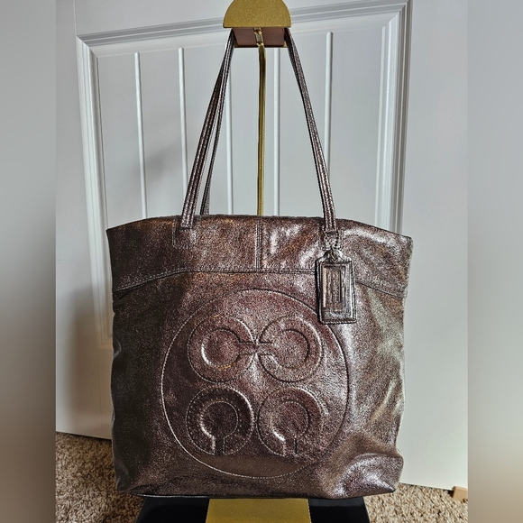 Handbags - Coach Laura Metallic Bronze Leather Logo Tote Bag. 